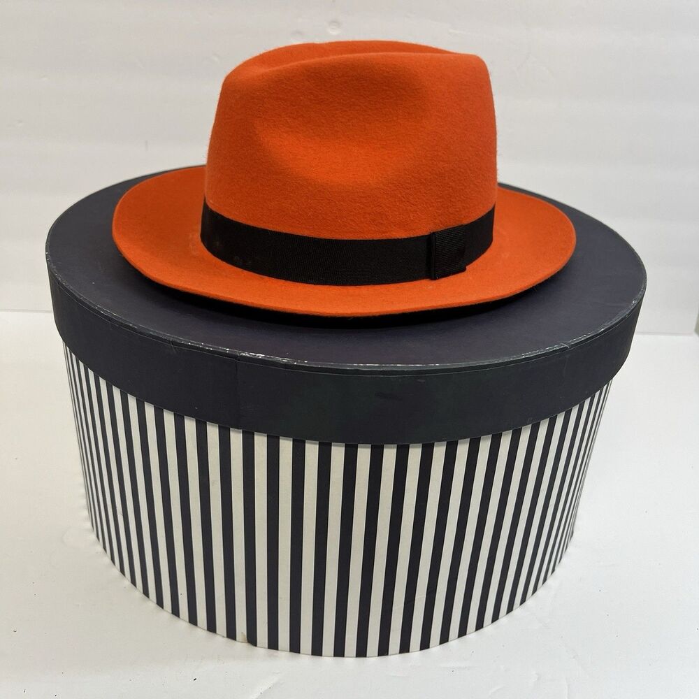 Agnoulita Handmade Wide Brim Fedora Hat Orange Felt Size 7 3/8